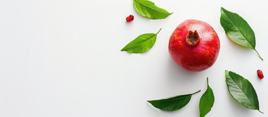 Fototapete - Isolated pomegranate with leaves on a white background offering copy space image Seen from above in a flat lay pattern