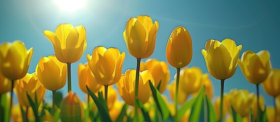 Leinwandbilder - Springtime tulips in yellow against a blue backdrop ideal for a holiday themed greeting card with copy space image