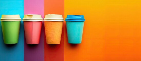 Aufkleber - Colorful paper background with take away coffee cups symbolizing recycling emphasized by copy space image