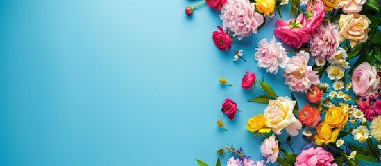 Aufkleber - Table with lovely flowers on a blue backdrop with a vacant section for text alongside a image. with copy space image. Place for adding text or design