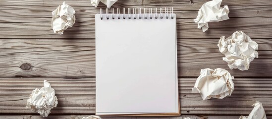 Poster - Wooden floor with crumpled paper surrounding a white note paper pad providing a copy space image