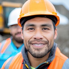 two smiling heavy equipment driving workers sitting next to each other in front of an orange machine on a construction site