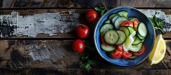 Wall Mural - Fresh cucumber salad with tomatoes and lemon on a rustic wooden backdrop ideal as a copy space image