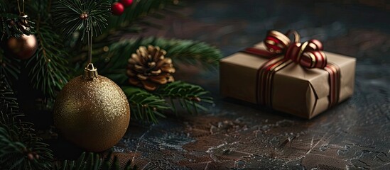 Aufkleber - Close up of Christmas bauble and present against a dark paper background with ample copy space image available