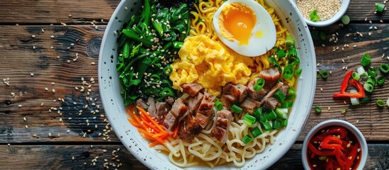 Aufkleber - Top view of a bowl of Asian ramen containing pork vegetables and egg with an available copy space image