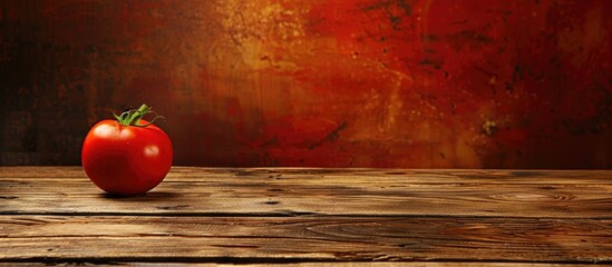 Poster - Wooden table with a ripe tomato and a tomato background provides ample copy space image