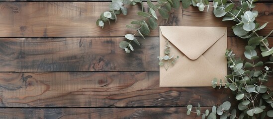 Poster - Top down view of a eucalyptus branch and a decorative envelope placed on a wooden surface with space available for adding text. with copy space image. Place for adding text or design