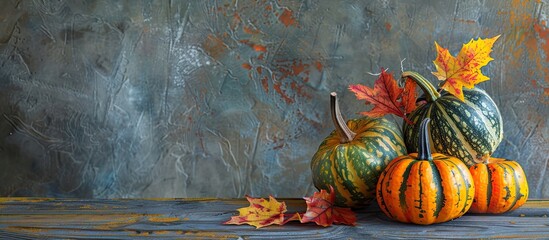 Leinwandbilder - Three gourds adorned with colorful autumn leaves sit on a textured grey wooden table with space available for text or images in the background. with copy space image. Place for adding text or design