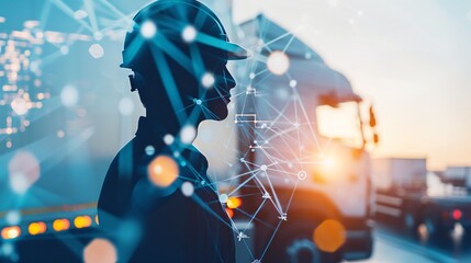Poster - The silhouette of a logistics manager against a backdrop of digital networks and innovative tech solutions, highlighting the role of technology in modern logistics with generous copy space.