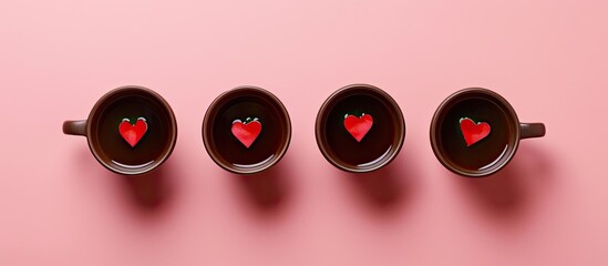 Aufkleber - Three brown cups with red heart decorations on a pastel pink surface in a top down view suitable for adding text or images. with copy space image. Place for adding text or design