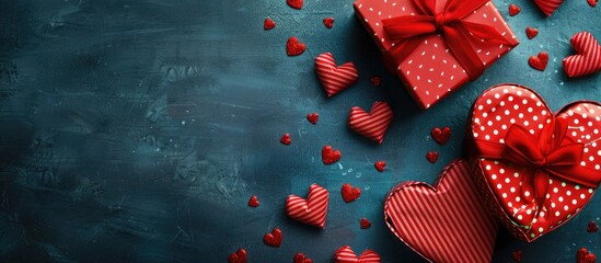 Poster - Heart shaped red openwork gift boxes adorned with small red hearts on a matching background viewed from above with ample copy space image perfect for romantic occasions like Valentine s Day or wedding