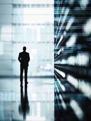 Poster - A logistics manager's silhouette stands before a high-tech interface, symbolizing innovation in the industry, with a minimalist layout and space for copy.