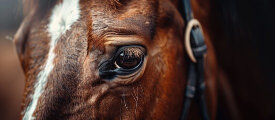 Poster - Closeup portrait of a lovely brown horse with a focus on a detailed shot includes copy space image
