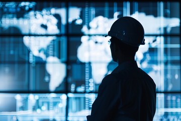 Poster - The silhouette of a logistics manager is juxtaposed with a digital screen showcasing innovative solutions and global supply chain routes, with plenty of copy space.