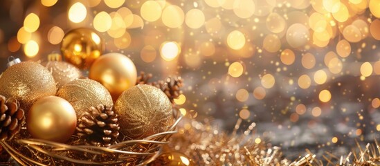 Poster - Luxurious golden Christmas decoration with shiny balls and garlands displayed in a basket on a sparkling golden bokeh light background perfect for copy space images