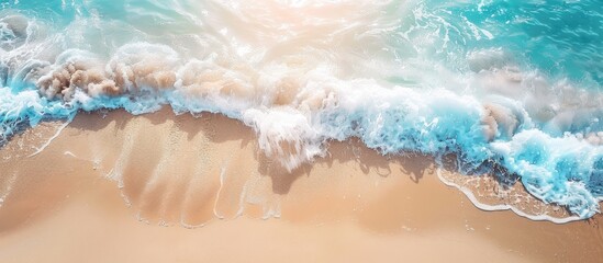 Poster - Sunny tropical beach scene with a gentle sea wave rolling on the sand and plenty of copy space for adding text or images in the top down view
