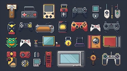 Poster - Retro pixel art icons with nostalgic 8-bit designs.
