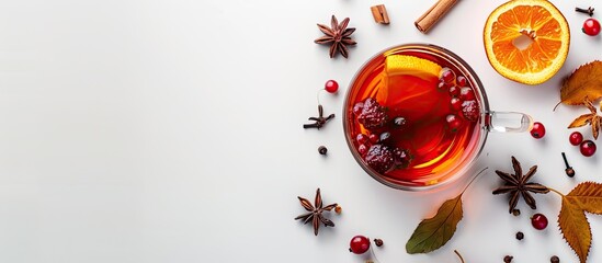 Aufkleber - Top view image of a glass cup with hot tea containing fruits berries and spices perfect for autumn or winter on a white background with space for adding text or other elements. with copy space image