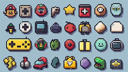 Poster - Retro pixel art icons with nostalgic 8-bit designs.