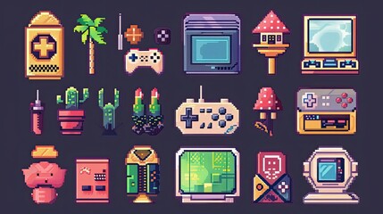 Poster - Retro pixel art icons with nostalgic 8-bit designs.