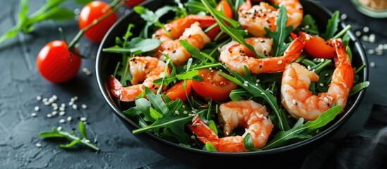 Wall Mural - Bowl of fresh arugula salad with shrimp tomato and sesame seeds featuring copy space image