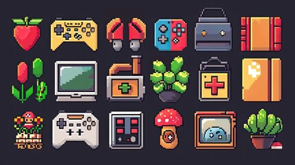 Poster - Retro pixel art icons with nostalgic 8-bit designs.