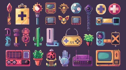Poster - Retro pixel art icons with nostalgic 8-bit designs.