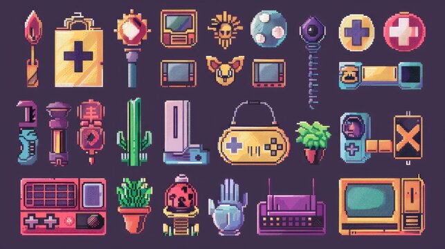 Retro pixel art icons with nostalgic 8-bit designs.
