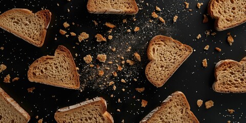 Poster - Freshly baked bread slices arranged neatly on a wooden table
