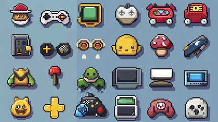 Poster - Retro pixel art icons with nostalgic 8-bit designs.