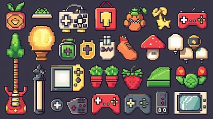 Poster - Retro pixel art icons with nostalgic 8-bit designs.