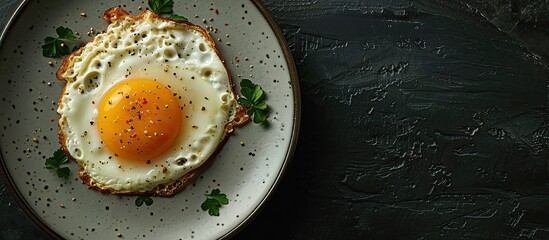 Aufkleber - Copy space image featuring fried eggs on a plate set against a dark background enhancing the appeal of the hot and appetizing dish