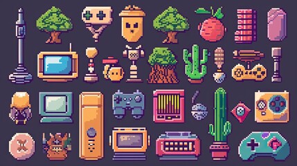 Poster - Retro pixel art icons with nostalgic 8-bit designs.