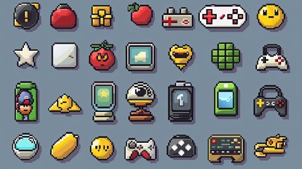 Poster - Retro pixel art icons with nostalgic 8-bit designs.
