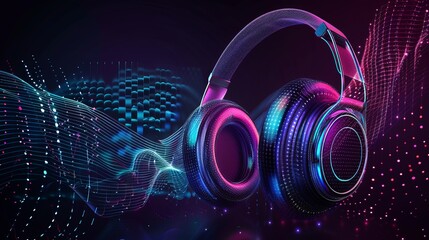 Poster - 3d headphones with vibrant sound waves on a dark background, abstract visualization of digital sound and cyberspace, electronic music listening concept with futuristic digital audio equipment.