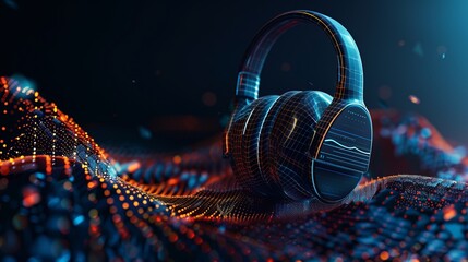 Poster - 3d headphones with vibrant sound waves on a dark background, abstract visualization of digital sound