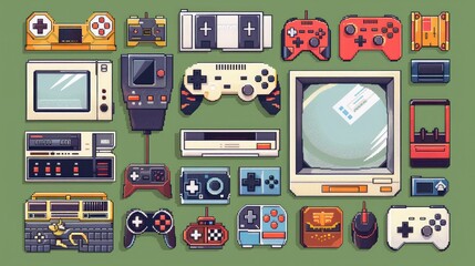 Poster - Retro pixel art icons with nostalgic 8-bit designs.