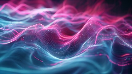 Poster - Abstract futuristic 3d render of blurry glowing wave and neon lines in digital fantasy wallpaper, spiritual energy concept with bright illuminated elements and cyber technology theme


