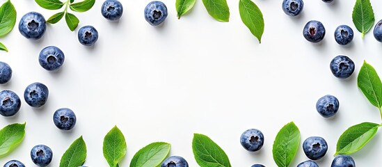 Fototapete - A top down view of a frame made with fresh blueberries leaves and a white background with space for adding images. with copy space image. Place for adding text or design