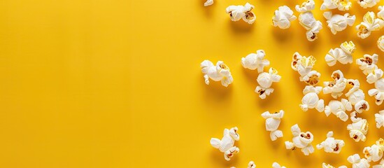 Wall Mural - Top view of popcorn mockup on yellow background with space for text or image insertion. with copy space image. Place for adding text or design