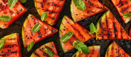 Poster - Grilled watermelon slices with mint in a close up copy space image