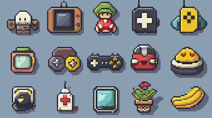 Poster - Retro pixel art icons with nostalgic 8-bit designs.