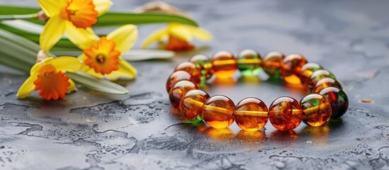 Poster - Baltic amber necklace with dark orange and green hues incorporating a plant within displayed on a gray backdrop with isolated amber jewelry featuring daffodils in a copy space image