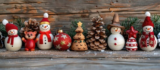 Poster - Christmas toys displayed on a rustic wooden surface with a background perfect for a copy space image