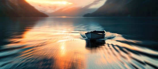 Poster - A boat is seen on a sunset lit lake with a blurred effect and soft focus caused by a slow shutter speed in a photograph with copy space image