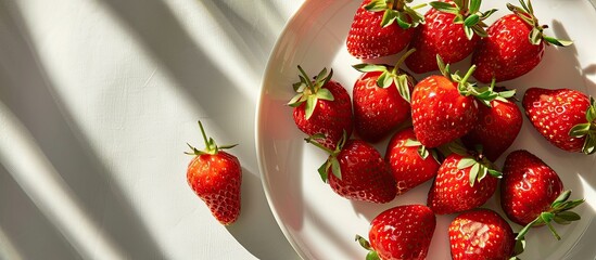 Poster - Close up image of ripe fresh strawberries on a white plate with a long shadow featuring ample copy space for text or graphics