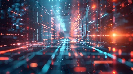 Poster - High-tech digital landscape featuring abstract 3d rendering of data flow and information processing in a futuristic cyberspace