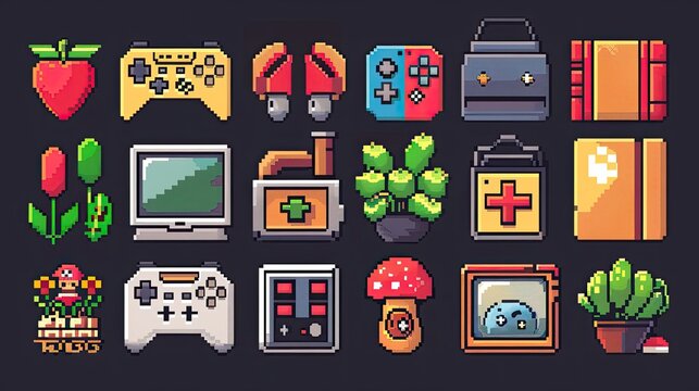 Retro pixel art icons with nostalgic 8-bit designs.