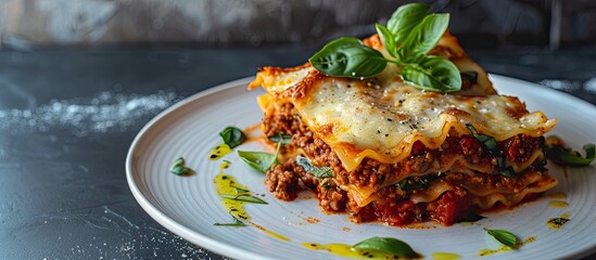 Fototapete - Delicious homemade Italian lasagna with bolognese meat sauce basil and cheese on a white plate featuring a hot and appetizing look perfect for a copy space image