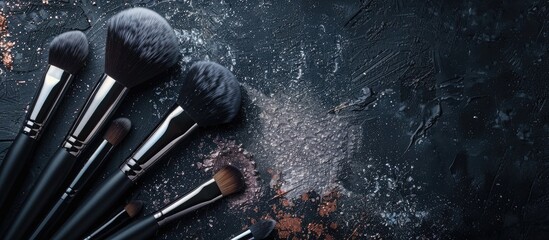 Poster - Makeup brushes and tools on a dark textured backdrop with powder and eyeshadow offering a copy space image and a touch of shine